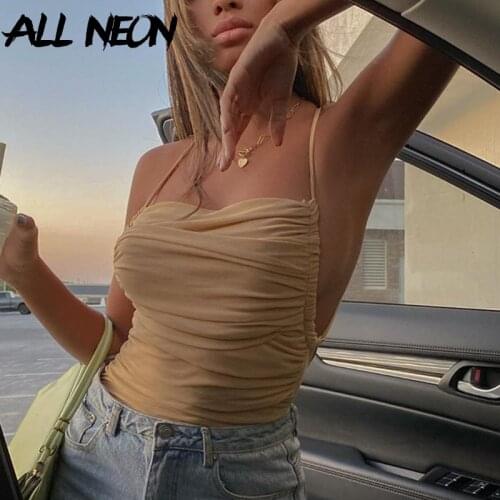 ALLNeon Y2K Fashion Criss-Cross Lace Up Ruched Bodysuits E-girl Sexy Solid Spaghetti Strap Bandage Backless Rompers Partywear