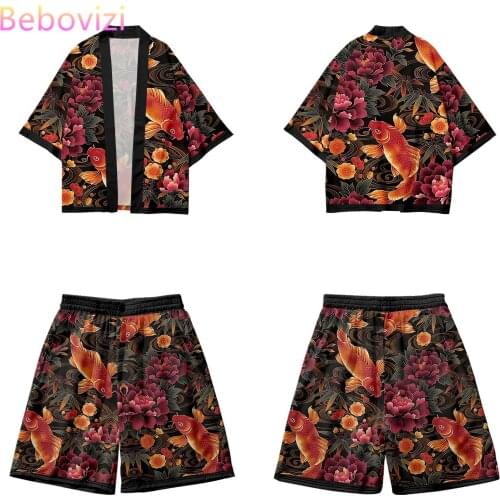 Fashion Flower Fish Print Harajuku Kimono Shorts Sets Two-piece Suit Yukata Japanese Traditional Cardigan Women Men Haori