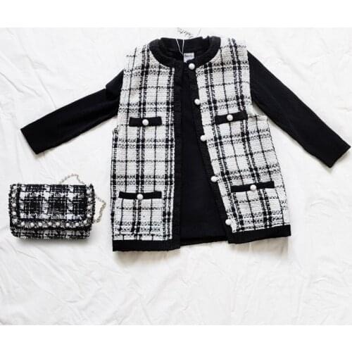 Girls Winter Clothes Set Autumn Baby Girl Black Knitted Dress With Long Plaid Vest 2 Piece Children Fashion Costumes 1-6 Years