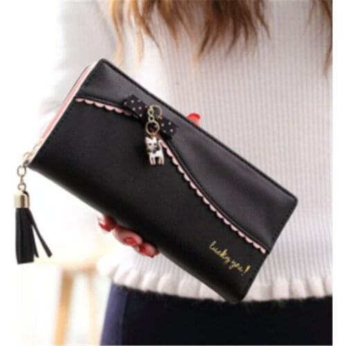Fashion Womens Wallet New Korea Sweet Long Wallet Bow Lady Kitten Pendant Wallet Solid Card Holder Women Clutch Handbag Bag