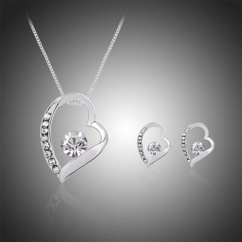 Hollow Concise Happy Heart Rhinestone Necklace Earring Set For Women 2-Piece Jewelry Set