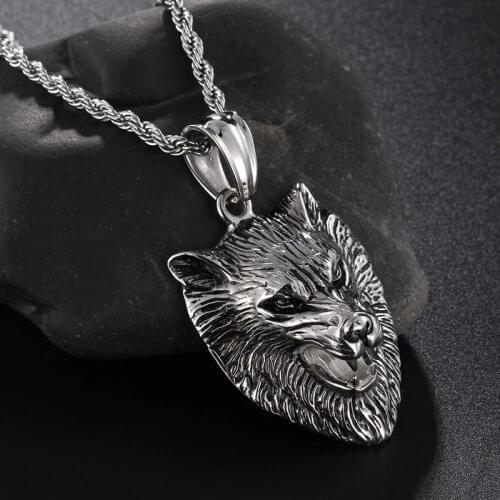 2017 Brand New Mens Vintage large 3D Gothic Animal Wolf Heads Stainless Steel Pendant Necklace with rope chain 22'' 4mm