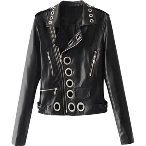 Autumn Winter New Women Black Short Faux Leather Jacket Slim Moto Biker PU Leather Coat Metal Hole Ring Plus Size Coat