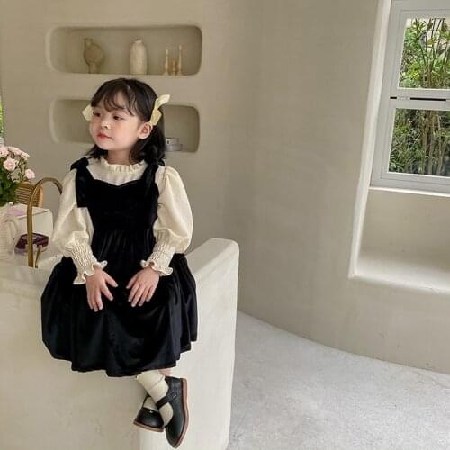 Girls Temperament Black Lace-up Tank Sling Dresses and Bottoming Shirt Children Solid Color Cotton Ruffles Princess Dresses