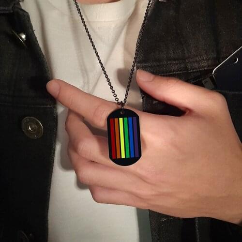 Fashion Stainless Steel Mens Rainbow Pendant Necklace Stripe Dog Tag Pendant Matching Clothes Accessories Jewelry