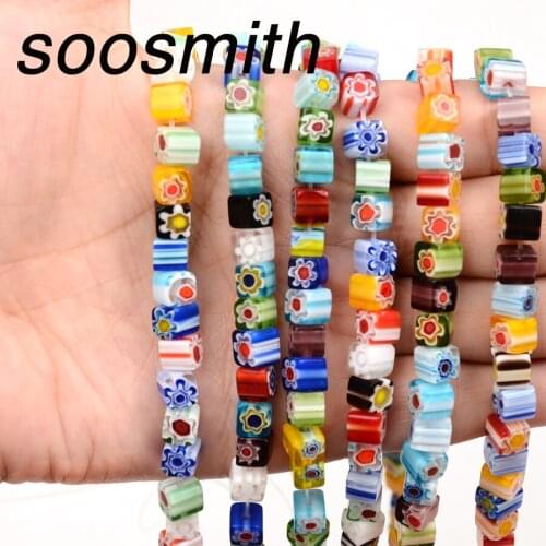 Multicolor Flower Pattern Cube Glass Beads Lampwork Natural Stone Bead For Jewelry Making Handmade Bracelet Necklace Accessories