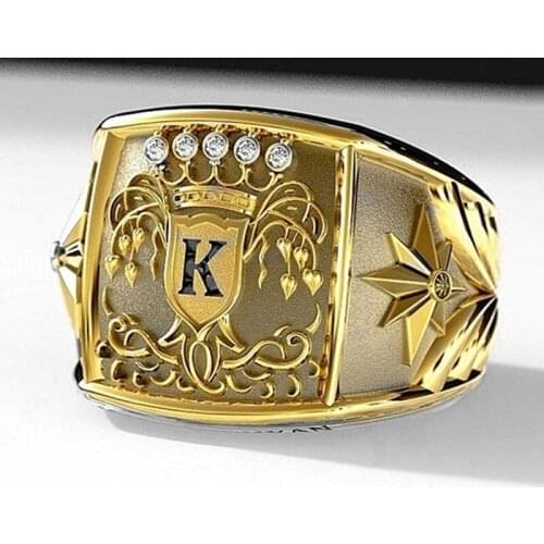 Luxury Fashion Hip-Hop Men Ring Golden Yellow Tree of Life Shield "K" Ring for Men Birthday Boyfriend Anniversary Gift Size 6-13