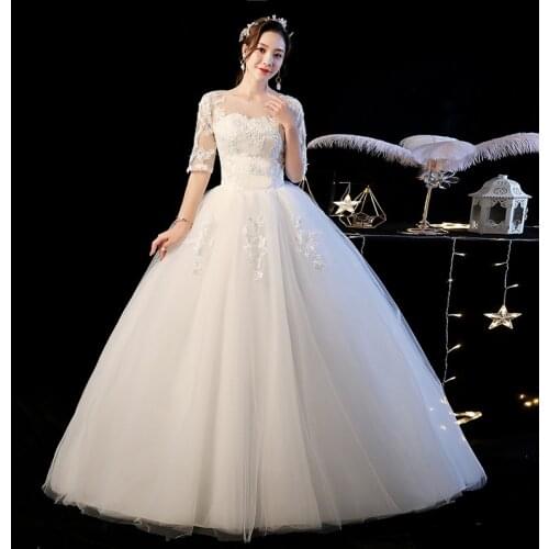 Brides Wedding Dresses Middle Sleeve Ball Gown Wedding Dress Lace Up Bridal Dresses