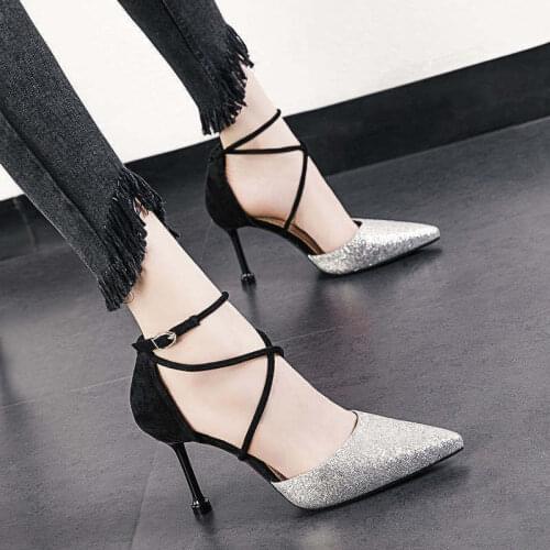 Womens shoes spring new pointed toe color matching high heels womens cross straps stiletto buckle womens shoes women sandals