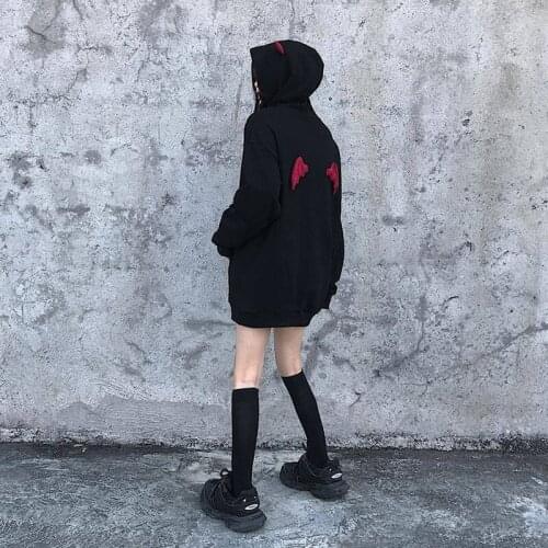 Harajuku Devil Wing Hooded Women Fleece Sweatshirt Casual Loose Long Sleeve Hoodies Sweatshirt Female Autumn Warm Pullover Tops