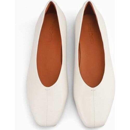 Women Flats Square Toe Genuine Leather Cowhide Soft Deerskin Inner Lining Shallow Mouth Single Shoes