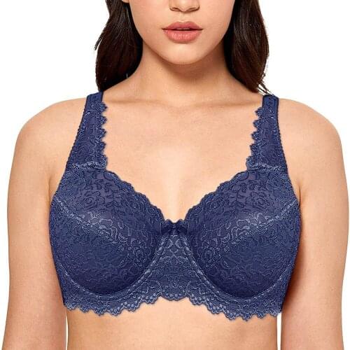 Blue Women Bra Lace Full Coverage Bras Underwire Unlined Big Size Floral C D E F G H I 34 36 38 40 42 44 46