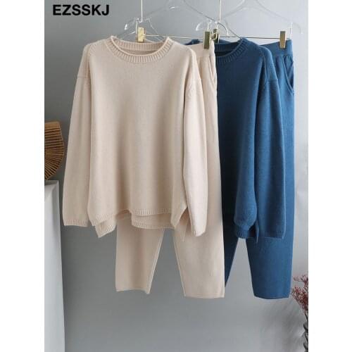 2021 2 Pieces Set Women Knitted Tracksuit O-neck Sweater + Granny pants Sweater Set female Knitted sweater suit Homewear sweater