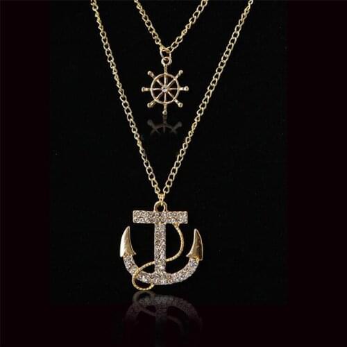 New Fashion 2 Colors White Navy Crystal Rhinestone Anchor Rudder Pendant Long Chain Sweater Necklace Personality for Women