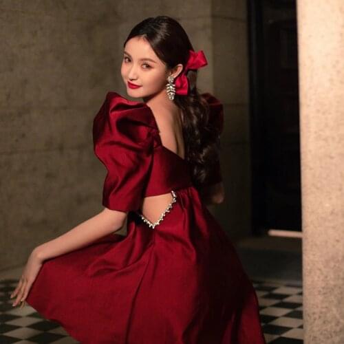 Fashion Diamonds Women Red Color Dress Puff Sleeves Summer Good Quality Ball Gown Dresses For Party Birthday Vestido Clothing