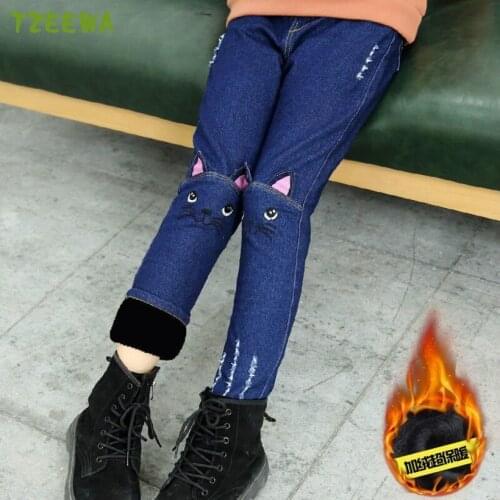 Winter Girls Pants Plus Velvet Warm Children Pants Cartoon Kids Jeans For Girls Princess Cat Childrens Trousers Girls Jeans
