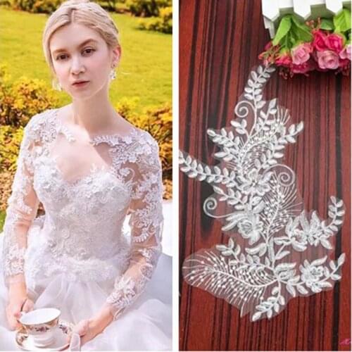 1Piece Bridal Corded Lace Applique Motif Fabric Ivory Patch Sew on Wedding Dress