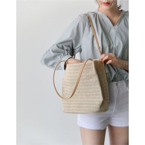 2019 Handmade Beach Bag New Straw Weave Braided Shoulder Bags big size Leather strap Bag women bags high quality luxury handbags