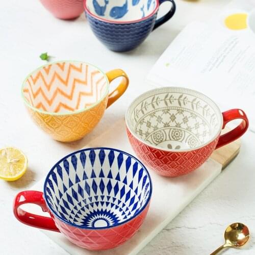 400MLCeramic Hand Painted Coffee Cup Creative Vintage Cup Cafe Bar Supplies Embossed Personality Breakfast Cup Colorful Handpain
