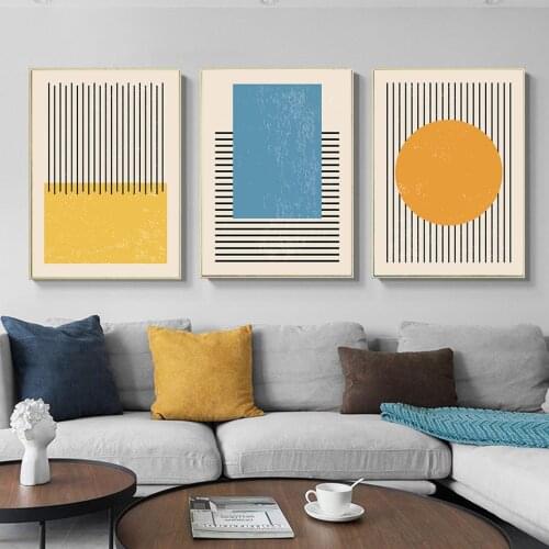Abstract Yellow Blue Geometric Shapes Black Line Canvas Painting Wall Art Pictures for Living Room Home Interior Decoration