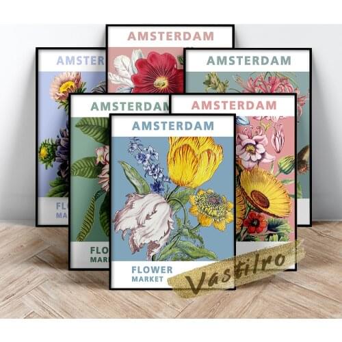 Amsterdam Minimalist Flower Market Retro Poster Flower Shop Sign Wall Picture Canvas Painting Art Prints Gallery Home Decor Gift
