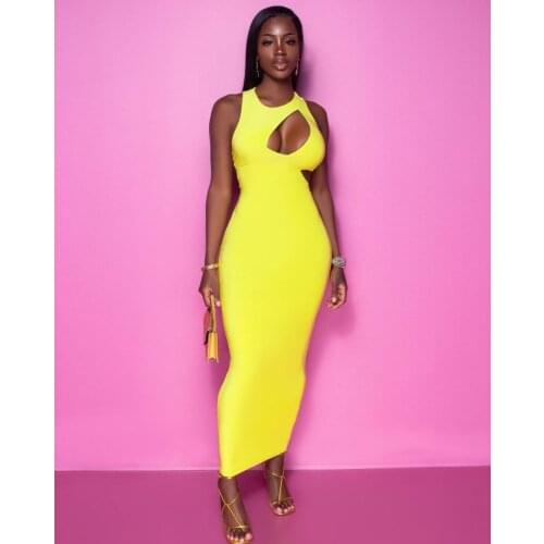 BKLD New Sexy Hollow Out Sleeveless Women Dresses Summer 2021 Fashion Solid Color Yellow Backless Long Dress Club Outfits