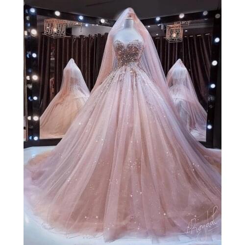 Sparkly Rose Gold Sequins A Line Wedding Dresses Strapless Plus Size Robe De Marriage Sweep Train Bridal Party Gowns Free Veil