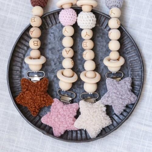 Baby Lamb wool Star Pacifier Chains Dummy Wooden Clips Chain Heart Baby Pacifier Clips Holder Chain Personalized Kids Toys