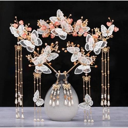 Korean Wedding butterfly Hairclip haircomb earrings Headdress For Bride Handmade Wedding hairband Floral Pearl Hair Accessories