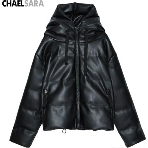Autumn Winter Parka Coat Women Fashion Hooded PU Faux Leather Jacket Female Casual Loose Outwear Top Mujer