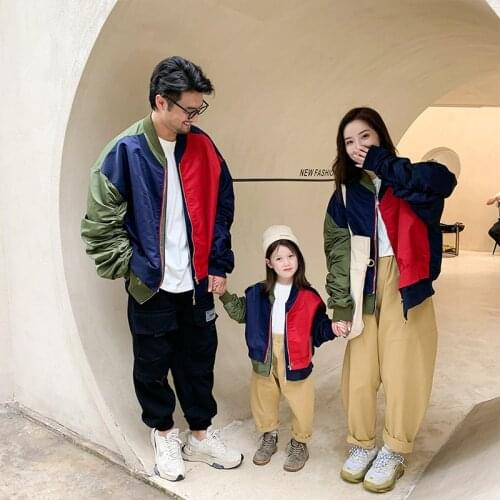 Spring Autumn fashion patchwork family matching jackets father mother and kids double zipper loose contrast color coats