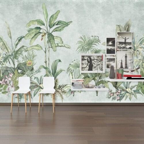 Custom Mural Wallpaper Watercolor Hand Painted Tropical Plants Green Background Wall Painting