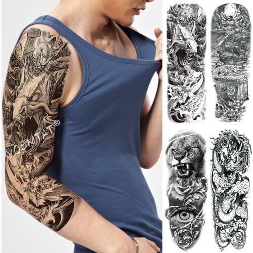 Large Arm Sleeve Tattoo Rose Rosary Virgin Mary Waterproof Temporary Tattoo Sticker Saint Lion Angel Men Full Skull Totem Tatoo