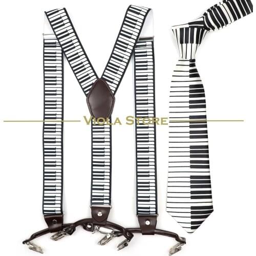Piano 6 Clips 3.5cm Width Wide Men Suspenders 8cm Tie Set Big Size Brace Bow Luxury Trousers Strap Male Music Gift Accessory Top