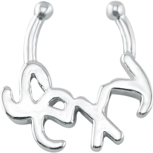 Letter SEXY Fake Septum Clicker Ring Surgical Steel Silver Color Fake Nose Hoop Ring Circular Barbell Horseshoes Body Piercing