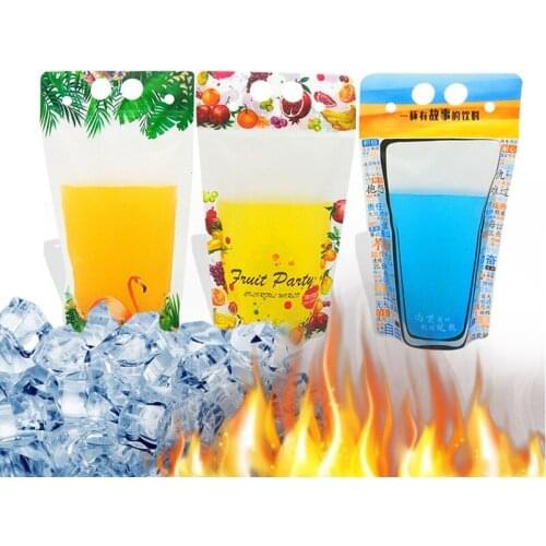 500pcs 500ml Flamingo Fruit pattern Plastic Drink Packaging Bag for Beverage Juice Milk Coffee, with Handle and Holes for Straw