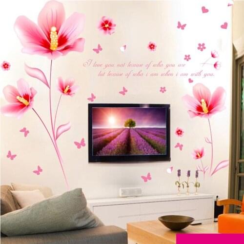 Pink Flowers wall stickers PVC Material Butterfly Flowers Wall Decals For Living Room Bedroom Home Decor Murals