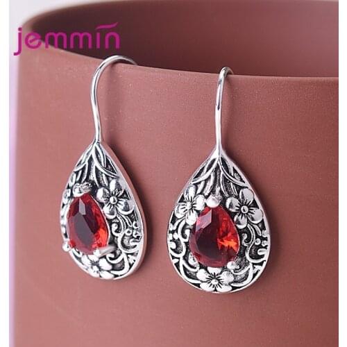 Bohemian 925 Sterling Silver Flower Ruby Drop Dangle Earrings for Women Vintage Engagement Wedding Party Gifts