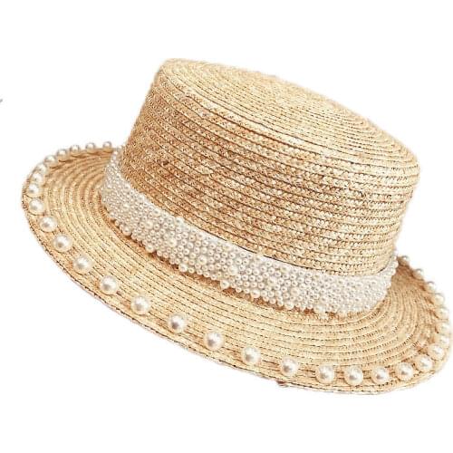 Fibonacci 2019 New Pearl Decoration Sun Hat for Women Flat Top Jazz Fedoras Panama Summer Straw Hat Brief Blue Girdle Beach Hats