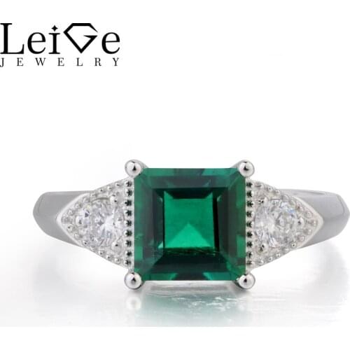 Leige Jewelry Engagement Ring Emerald Ring May Birthstone Ring Square Cut Green Gemstone 925 Sterling Silver Gifts for Women