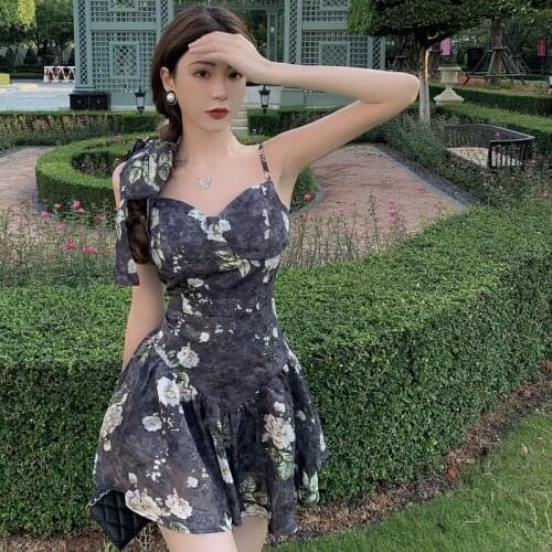 Vintage Beach Style Summer Floral Woman Dress Spaghetti Strap Slim A-line Mini-dresses Off Shoulder Low-cut Backless New