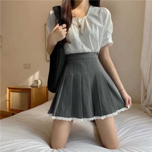 Skirt French retro niche lace gray pleated skirt skirt womens summer high waist slim A short skirt sexy skirt kawaii skirt