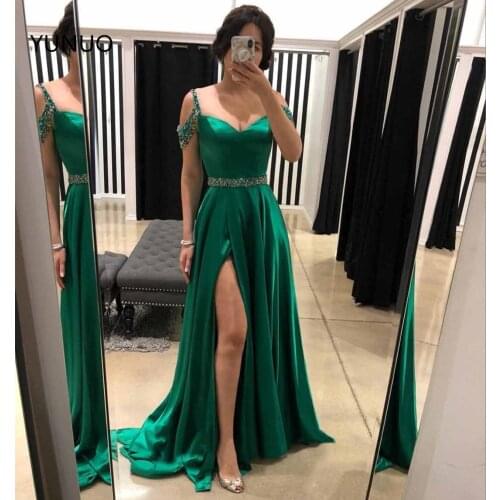 YUNUO Elegant Prom Dresses Off The Shoulder Beading A-line Formal Dress Evening Gowns Dress Long Satin Slit with Sweep Train