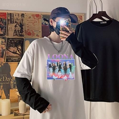 K-POP LOONA Tshirt Women/Men Summer Long Sleeves Hip Hop Tops T-shirt Women Korean Female Fans Fashion Fake Two Pieces T Shirt
