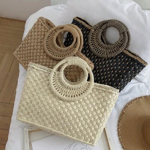 Bohemian Women Summer Beach Woven Straw Handbag with Round Top Handle Travel Vacation Weave Zipper Large Tote Bag Basket