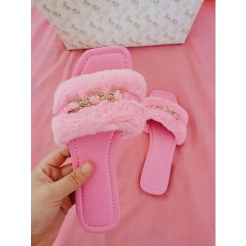 2021 new European and American open toe chain plush sandals and slippers womens large size womens shoes wholesale