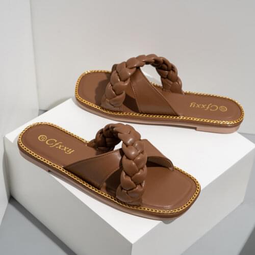 2021 Summer New Womens Slippers Woven Flat Female Sandals Simple Cross Flat Slippers Fashion Solid Color Open Toe Women Shoes