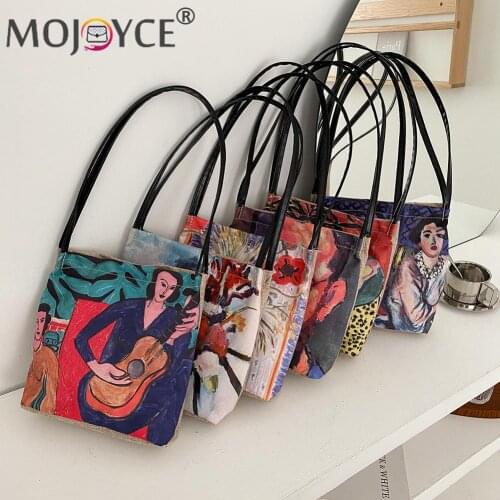 Retro Ladies Bags Oil Painting Printing Shopping Bags Ladies Large Capacity Canvas Top-handle Tote Handbags