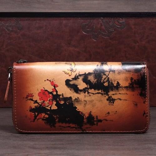 Cowhide Women Wallet Female Zipper Bag Retro Clutch Money Bags Famous Brand Multi-Cards Holder Floral Genuine Leather Long Purse