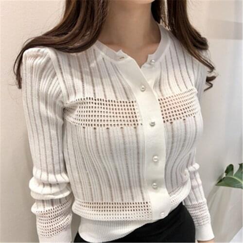 2021 Women Sexy Hollow Out Design Slim Fit Pull Femme Spring Sueter O Neck Long Sleeve Single Breast Knit Sweater Cardigans